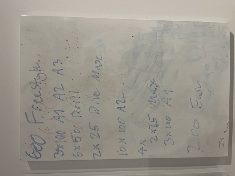 A swim board photo with a set written on a whiteboard
